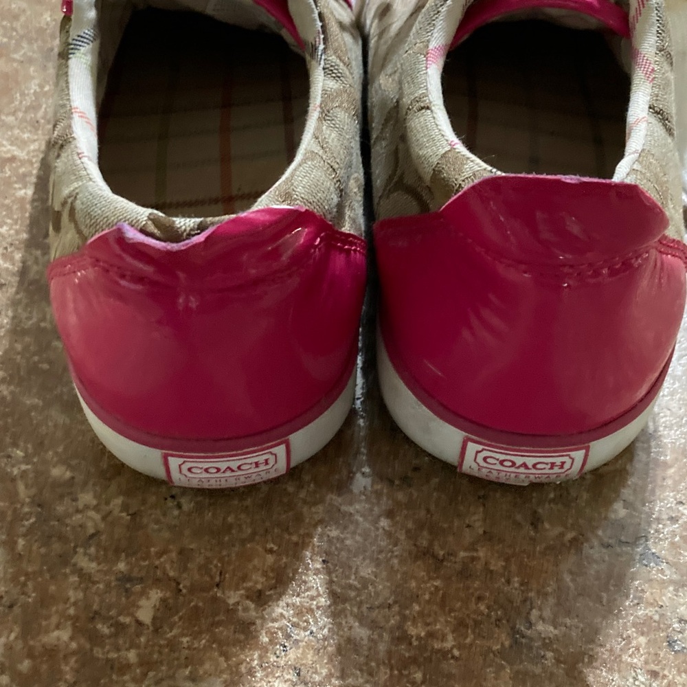 Coach Tan Signature Canvas Sneakers with Pink Trim - Picture 5 of 7